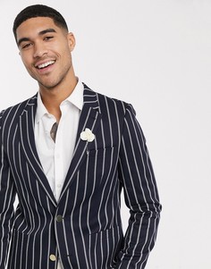 Темно-синий приталенный блейзер в полоску с золотистыми пуговицами ASOS DESIGN
