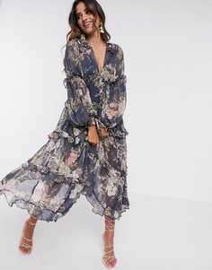 Темно-синее ярусное платье миди с оборками и цветочным принтом ASOS DESIGN-Мульти