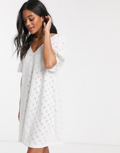 Белое свободное платье мини с вышивкой ришелье и пышными рукавами ASOS DESIGN-Белый
