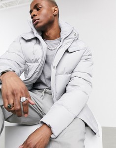 Серый пуховик из переработанной ткани с капюшоном ASOS DESIGN