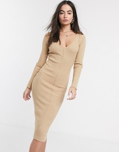 Трикотажное платье миди в рубчик ASOS DESIGN-Светло-бежевый