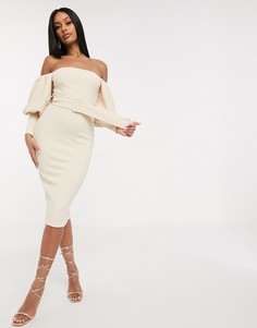 Фактурное платье-футляр мини с поясом и пышными рукавами ASOS DESIGN-Бежевый