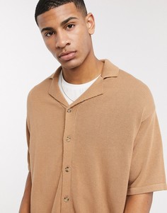 Светло-коричневая вязаная футболка-поло на пуговицах ASOS DESIGN-Светло-коричневый