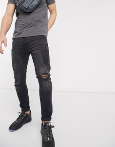 Черные выбеленные джинсы скинни с прорехами Topman-Черный