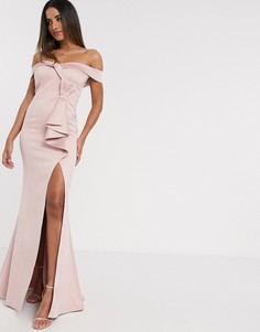 Розовое атласное платье макси с бантом Goddiva-Розовый