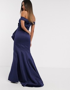 Атласное темно-синее платье макси с бантом Goddiva-Темно-синий
