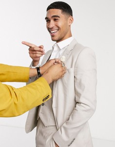 Светло-бежевый супероблегающий пиджак с добавлением хлопка и льна ASOS DESIGN wedding