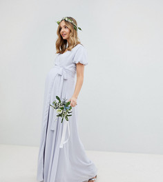 Платье макси с запахом, поясом и пышными рукавами TFNC Maternity-Серый