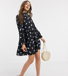 Черное ярусное платье мини с оборками и принтом New Look Petite-Черный