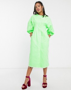 Джинсовое платье миди в клетку с объемными рукавами ASOS DESIGN-Зеленый