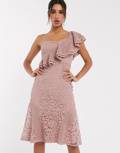 Кружевное платье миди на одно плечо с оборками ASOS DESIGN-Бежевый