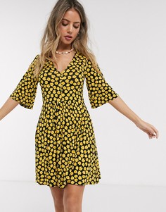 Черное платье мини А-силуэта с желтым цветочным принтом и пуговицами ASOS DESIGN-Мульти