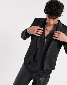 Черный короткий двубортный пиджак приталенного кроя ASOS DESIGN