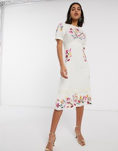Кремовое чайное платье миди с вышивкой ASOS DESIGN-Кремовый