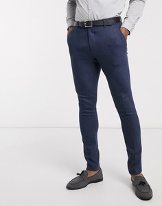 Темно-синие супероблегающие брюки с добавлением шерсти и узором "в елочку" ASOS DESIGN wedding-Темно-синий