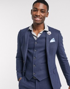 Темно-синий супероблегающий пиджак в ёлочку с добавлением шерсти ASOS DESIGN wedding