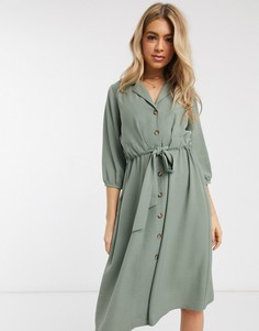 Платье-рубашка миди цвета хаки на пуговицах с присборенной талией ASOS DESIGN-Зеленый