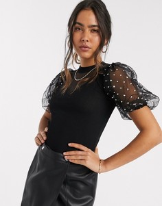 Черный топ с рукавами из органзы в горошек River Island