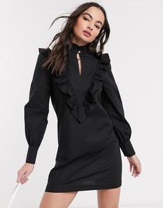 Черное платье из хлопкового поплина с оборками River Island-Черный