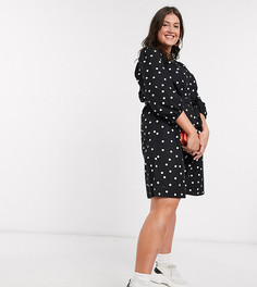Свободное поплиновое платье в горошек с поясом New Look Curve-Черный