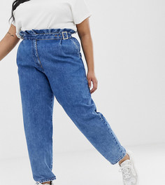 Синие винтажные джинсы бойфренда с высокой присборенной талией и поясом с пряжкой ASOS DESIGN Curve-Синий
