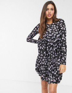 Черное свободное платье мини с длинными рукавами и цветочным принтом ASOS DESIGN-Мульти