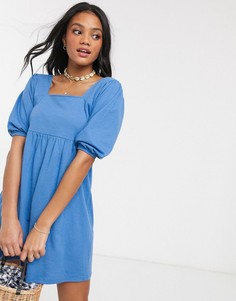 Синее свободное платье мини с пышными рукавами ASOS DESIGN-Синий