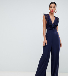 Кружевной комбинезон с запахом и широкими штанинами ASOS TALL-Темно-синий