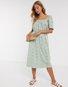 Шалфейно-зеленый сарафан миди с квадратным вырезом и вышивкой ришелье ASOS DESIGN