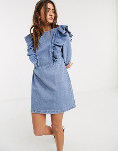 Синее джинсовое платье с оборками Bershka-Синий