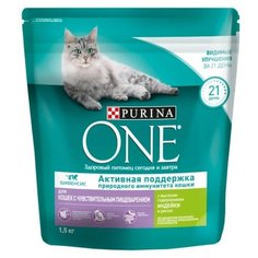 Корм для кошек Purina ONE при чувствительном пищеварении, с индейкой и с рисом 1.5 кг