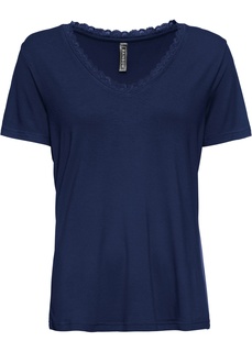 Футболка с V-образным вырезом и кружевной отделкой Bonprix
