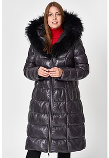 Кожаное пальто с отделкой мехом енота La Reine Blanche