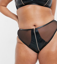 Черные трусы бикини из винила с высоким вырезом по бедру и молнией Savage x Fenty Plus Size-Черный