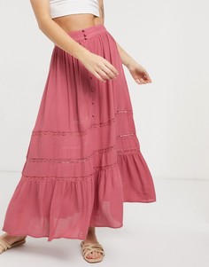 Розовая ярусная юбка макси из жатой ткани с кружевной вставкой ASOS DESIGN-Мульти