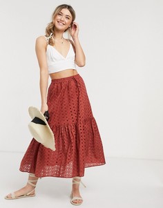 Бордовая ярусная юбка миди с вышивкой ришелье ASOS DESIGN-Мульти