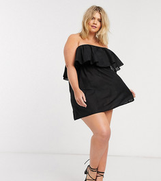Черное пляжное платье с открытыми плечами и оборкой Simply Be-Мульти