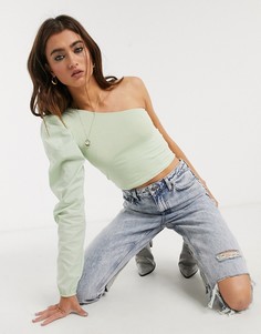 Светло-зеленый топ на одно плечо с пышным рукавом Bershka