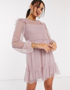Розовое сетчатое платье с длинными рукавами и сборками River Island-Розовый