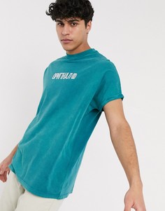 Длинная ovesized-футболка с текстовой вышивкой и отворотами на рукавах ASOS DESIGN-Зеленый
