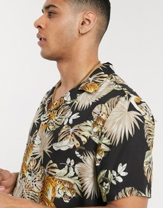 Черная рубашка с короткими рукавами и принтом тигров Topman-Мульти