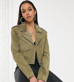 Замшевая байкерская куртка оливкового цвета ASOS DESIGN Tall-Зеленый