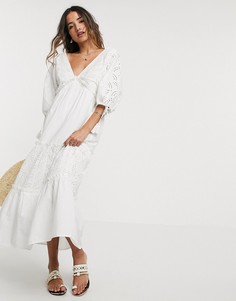 Кремовое ярусное платье макси с вышивкой ришелье ASOS DESIGN-Кремовый