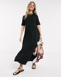 Черное свободное платье-футболка миди ярусного кроя ASOS DESIGN-Черный
