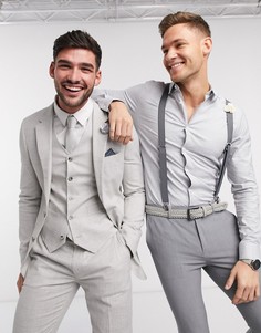 Эластичный супероблегающий пиджак серого цвета из ткани с добавлением льна в клетку ASOS DESIGN wedding-Серый