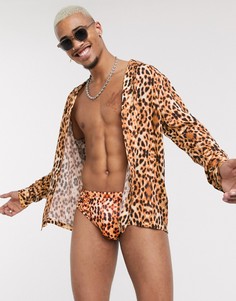 Рубашка от комплекта с отложным воротником и звериным принтом ASOS DESIGN-Золотой