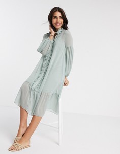 Платье миди шалфейно-зеленого цвета с длинными рукавами и оборками River Island-Зеленый