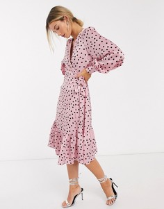 Розовое платье миди в горошек с запахом и оборкой на подоле Vero Moda-Мульти
