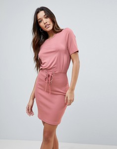 Платье мини с юбкой в рубчик и корсетной отделкой на талии ASOS-Розовый
