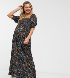 Черное платье макси с цветочным принтом и сборками на лифе ASOS DESIGN Maternity-Мульти